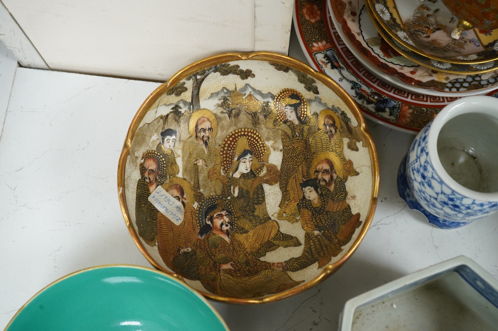 Mixed Japanese and Chinese bowls, vases and plates, largest 18cm diameter